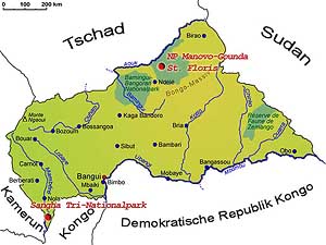 Zentralafrikanische Republik, UNESCO Welterbestaetten, Karte