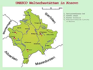 Kosovo, UNESCO Welterbestaetten. Karte